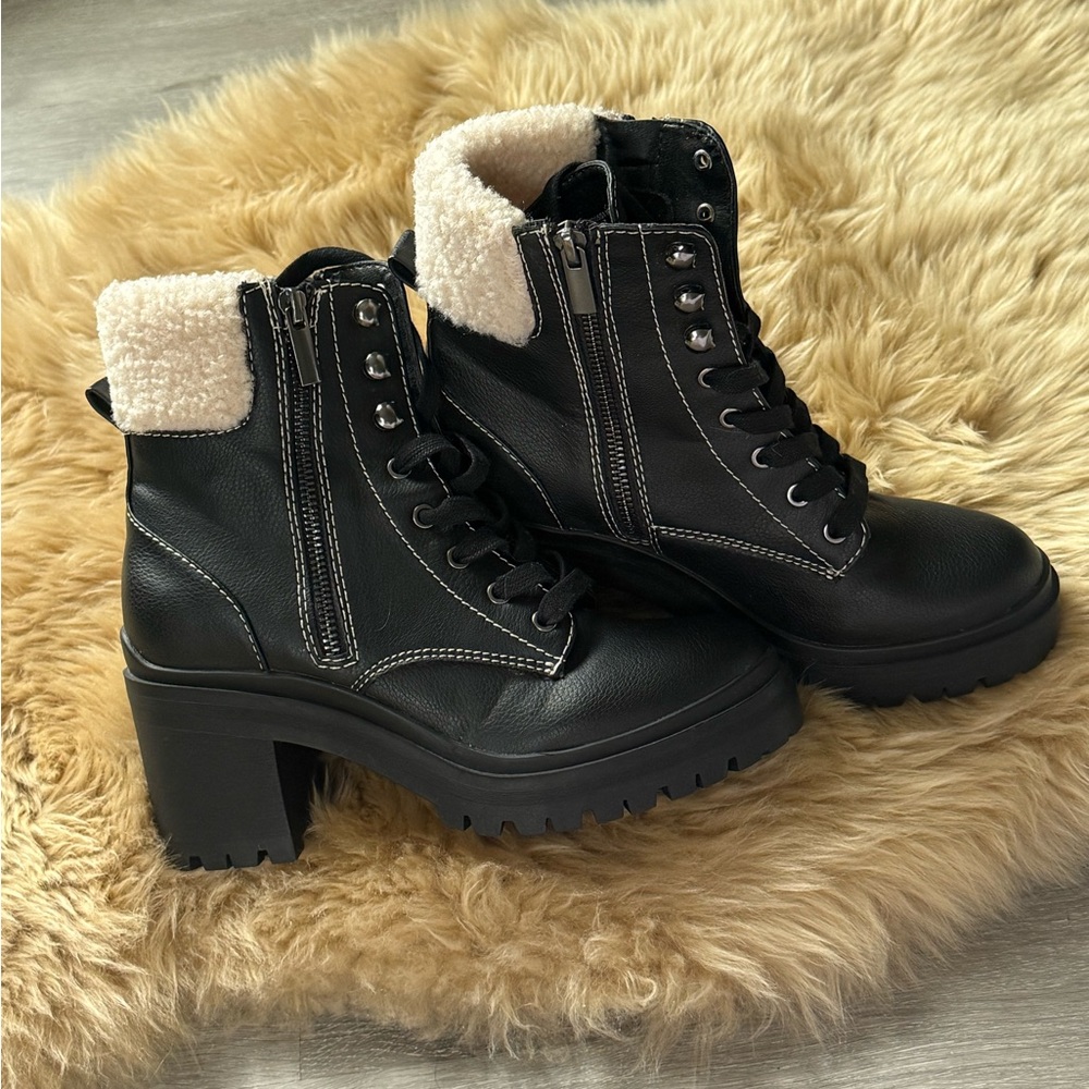 Steve Madden Black Lace-Up Boots with Cream Accents